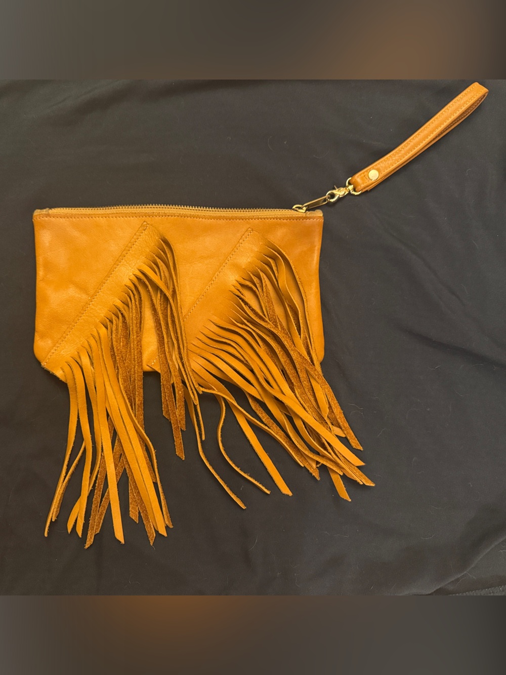 Handmade Soft Leather Fringe Wristlet Clutch in Cognac Tan